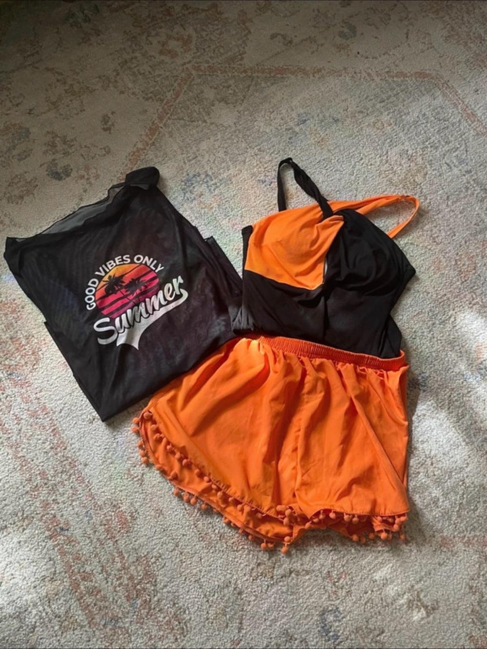 Women’s Orange & Black Swim Set with Pom Trim Shorts